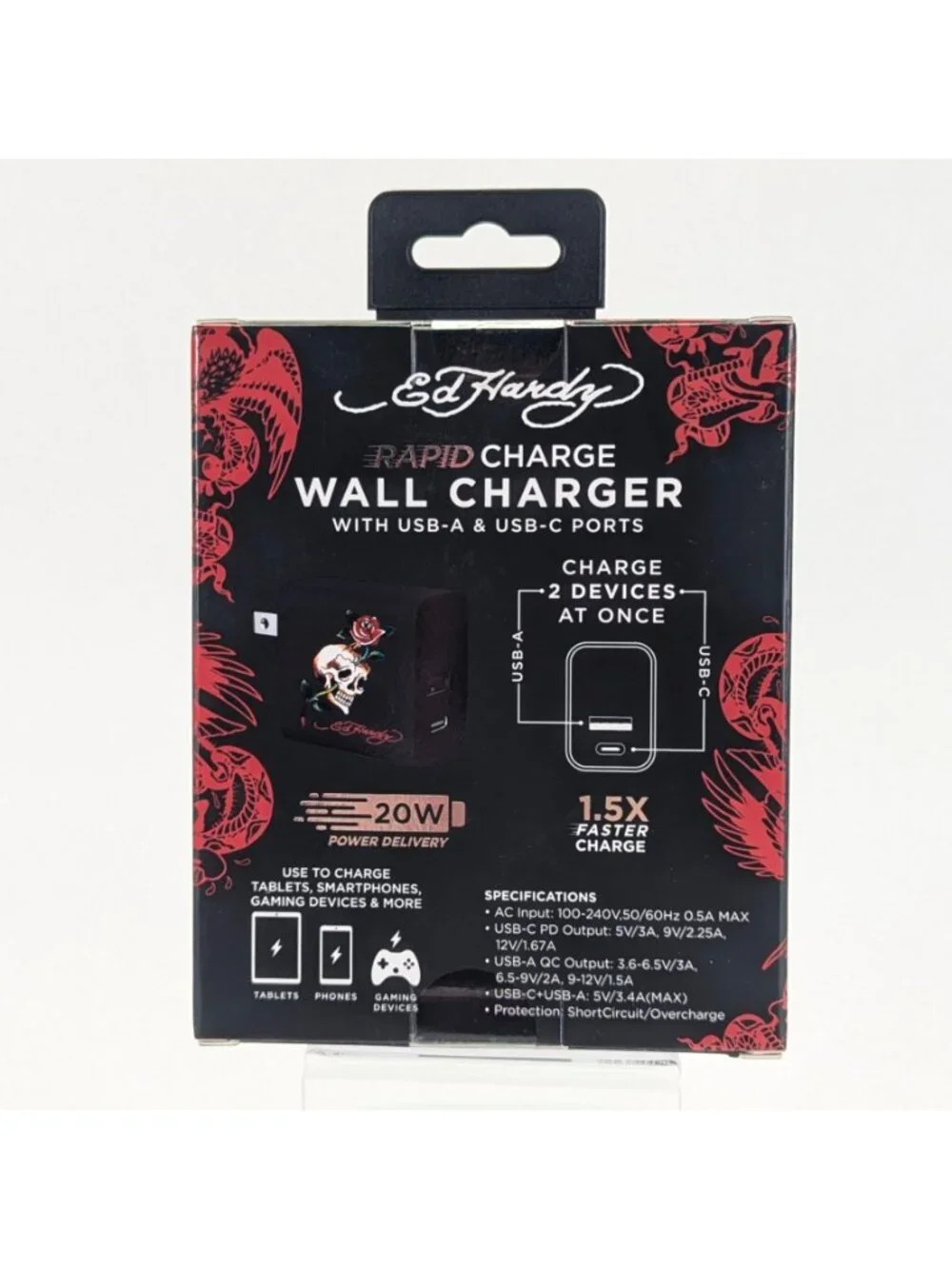 Ed Hardy Rapid Phone Wall Charger White Skull Flower USB-A & C Ports NIB